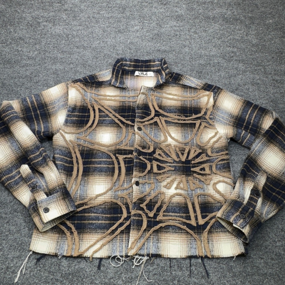 Vale Flannel Shirt Mens Medium Black Brown Spiderweb Distressed Y2K Streetwear